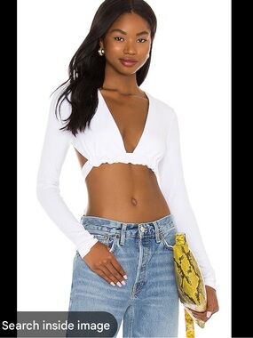 superdown White Deep V Long-Sleeve Crop Top